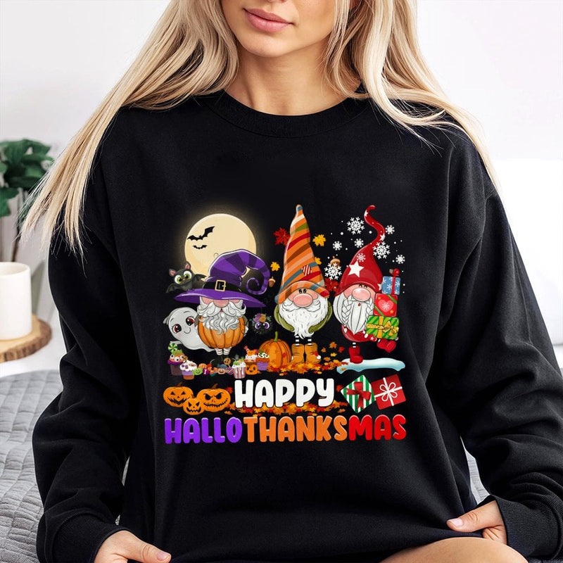 Adorable Gnome Holiday Sweater, Hallothanksmas Sweatshirt, Retro Halloween Thanksgiving Christmas Crewneck, Fall Holiday Pullover