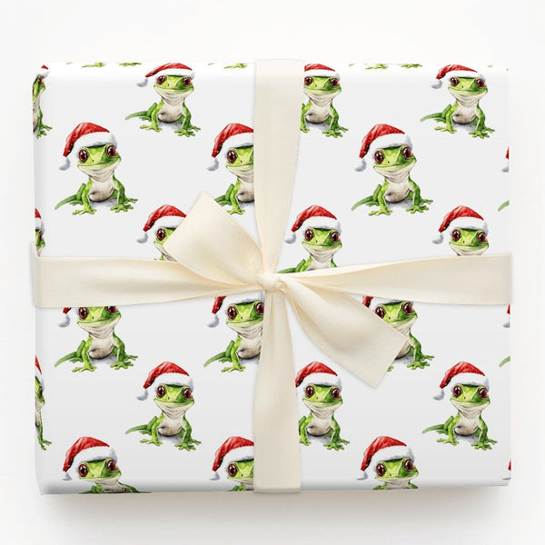 Santa Hat Lizard Gift Wrap Roll, Green Gecko Christmas Wrapping Paper, Adorable Reptile Holiday Wrapping Paper, Animal Lover 