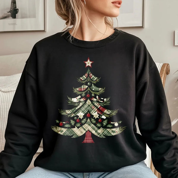 Comfy Holiday Graphic Crewneck, Plaid Christmas Tree Sweatshirt, Rustic Plaid Tree Sweater, Adorable Winter Xmas Pullover, Fe