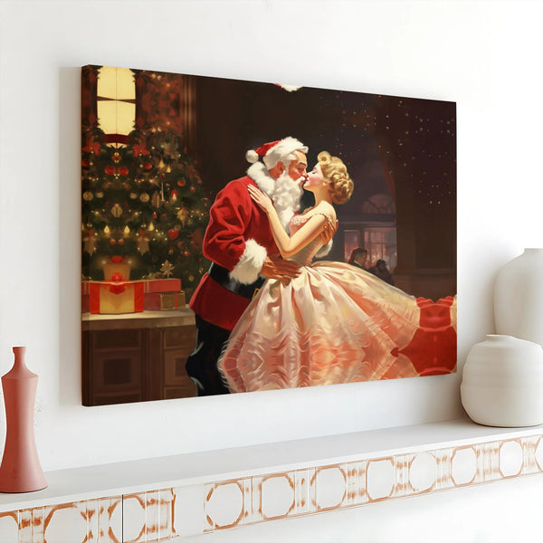 Retro Romantic Holiday Wall Decor, Vintage Santa Claus Kissing Woman Canvas Art, Vintage Santa Canvas Print, Christmas Wall A