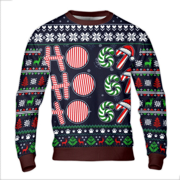 Candy Cane Santa Hat Graphic Sweatshirt, Ho Ho 67 Ugly Christmas Sweater, Humorous Xmas Party Holiday Fleece Crewneck Top