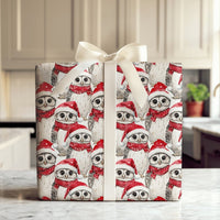 Santa Hat Adorable Owl Gift Wrap, Christmas Owl Wrapping Paper, Watercolor Festive Owl Wrapping Paper, Winter Holiday Present Gift Wrap
