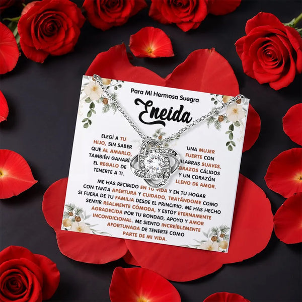Spanish Message Card Love Knot Pendant, Mother-in-Law Love Knot Necklace, CZ Crystal Knot Necklace, Birthday Christmas Presen