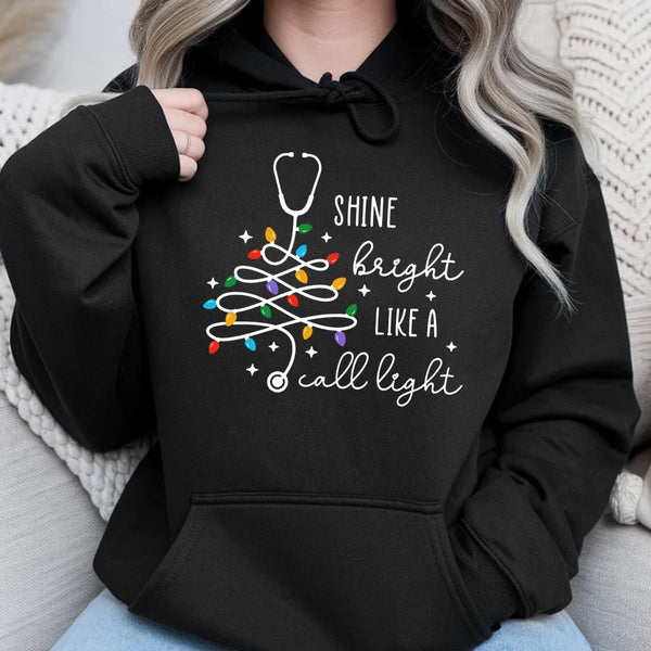 Nurse Christmas Hoodie, Shine Bright Like a Call Light Hoodie, Nurse Stethoscope Tree Hooded Sweatshirt, RN Holiday Pullover,