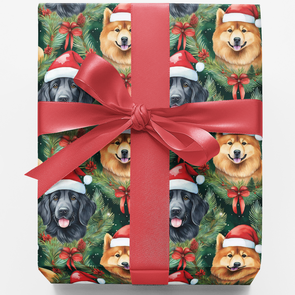 Christmas Dog Wreath Gift Wrap, Flat-Coated Retriever and Shiba Inu Wrapping Paper, Adorable Puppy Holiday Wrapping Paper, Pe
