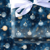 Elegant Snowflake Christmas Gift Wrap, Navy Blue Gold Ornament Wrapping Paper, Winter Baubles Wrapping Paper, Holiday Present Gift Wrap Roll