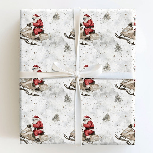Watercolor Winter Gift Wrap, Cool Santa Sunglasses Snowmobile Wrapping Paper, Fun Christmas Wrapping Paper, Holiday Present P