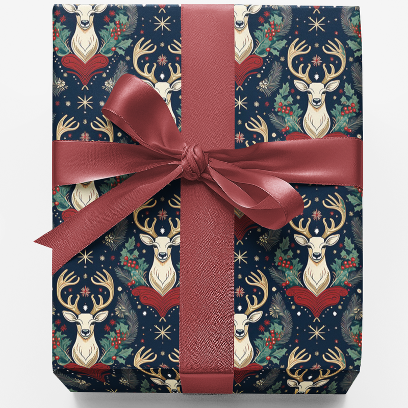Woodland Deer Christmas Gift Wrap, Yuletide Reindeer Wrapping Paper, Winter Botanical Holiday Wrapping Paper, Elegant Xmas Gift Wrap Paper