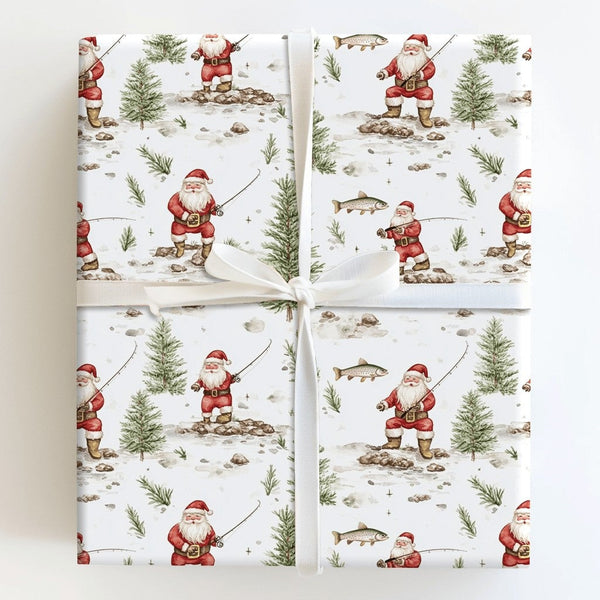 Rustic Snowy Angler Gift Wrap, Winter Fishing Santa Wrapping Paper, Christmas Outdoorsman Wrapping Paper, Fisherman Present