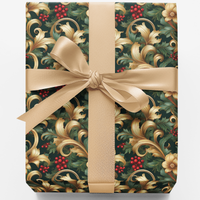 Holly Berry Holiday Gift Wrap, Baroque Christmas Wrapping Paper, Vintage Festive Floral Wrapping Paper, Luxury Winter Gift Wrap Paper Roll