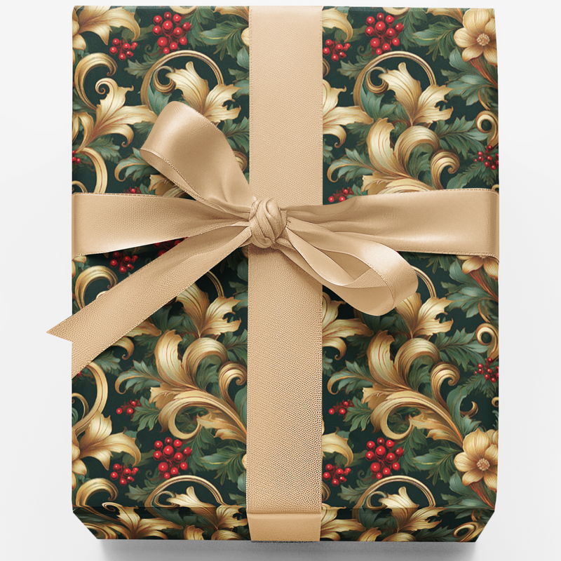 Holly Berry Holiday Gift Wrap, Baroque Christmas Wrapping Paper, Vintage Festive Floral Wrapping Paper, Luxury Winter Gift Wrap Paper Roll