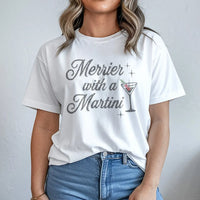 Retro Christmas Cocktail Graphic Tee, Merrier with a Martini Shirt, Humorous Holiday Drinking T-Shirt, Vintage Xmas Party Graphic T-Shirt