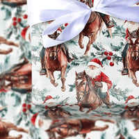 Watercolor Evergreen Christmas Gift Wrap, Equestrian Santa on Brown Horse Wrapping Paper, Rustic Holiday Paper, Festive Wrapping Paper Roll
