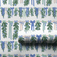 Blue Bows Christmas Gift Wrap, Watercolor Pine Garland Wrapping Paper, 90 GSM Fine Art Paper, Holiday Present Wrapping Paper Roll