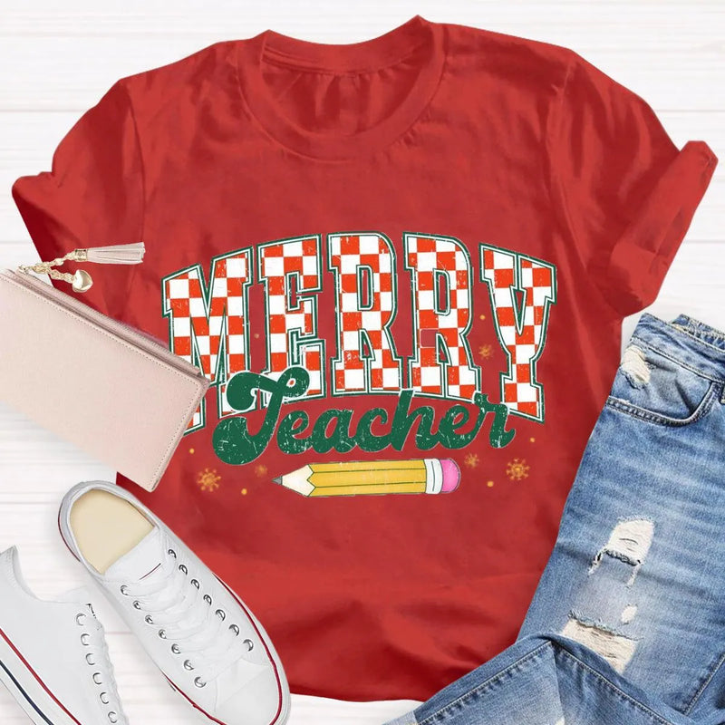 Holiday Educator Graphic Tee, Plaid Pencil Merry Teacher Christmas T-Shirt, Adorable Winter School Teacher Shirt, Christmas Teacher Present