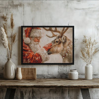 Whimsical Christmas Canvas Print, Santa Claus Reindeer Canvas Wall Art, Snowy Holiday Painting Canvas, Winter Decor, Xmas Family Present