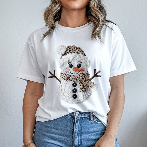 Faux Yarn Macrame Graphic Tee, Leopard Print Snowman Christmas Shirt, Adorable Holiday Snowman T-Shirt, Winter Snowman Graphi