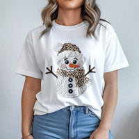 Faux Yarn Macrame Graphic Tee, Leopard Print Snowman Christmas Shirt, Adorable Holiday Snowman T-Shirt, Winter Snowman Graphic Tee Present for Her
