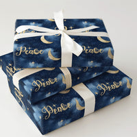 Gold Moon Stars Christmas Gift Wrap, Nativity Peace Wrapping Paper, Christian Holiday Paper, Dark Blue Religious Gift Wrapping Paper Roll