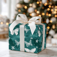 Teal Snowflake Gift Wrap, Winter Butterfly Wrapping Paper, Elegant Nature Holiday Wrapping Paper, Christmas and Birthday Present Wrap