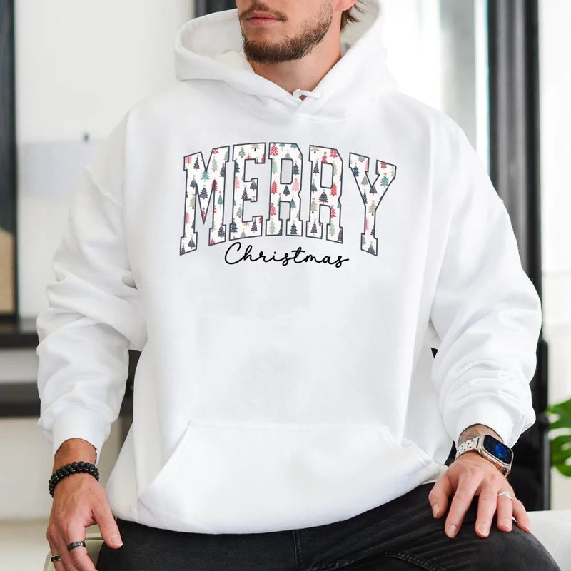 Retro Varsity Tree Sweatshirt, Merry Christmas Graphic Hoodie, Comfy Holiday Season Pullover, Winter Xmas Graphic Hoodie for Women Men