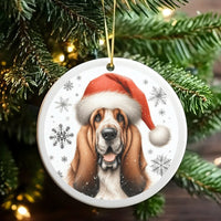 Santa Hat Hound Ceramic Ornament, Basset Hound Dog Christmas Ornament, Holiday Tree Keepsake Ornament, Present for Basset Hound Lovers