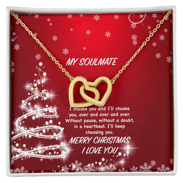 Polished Surgical Steel Heart Pendant with Card, Soulmate Interlocking Hearts Necklace for Wife Girlfriend, Romantic Christma