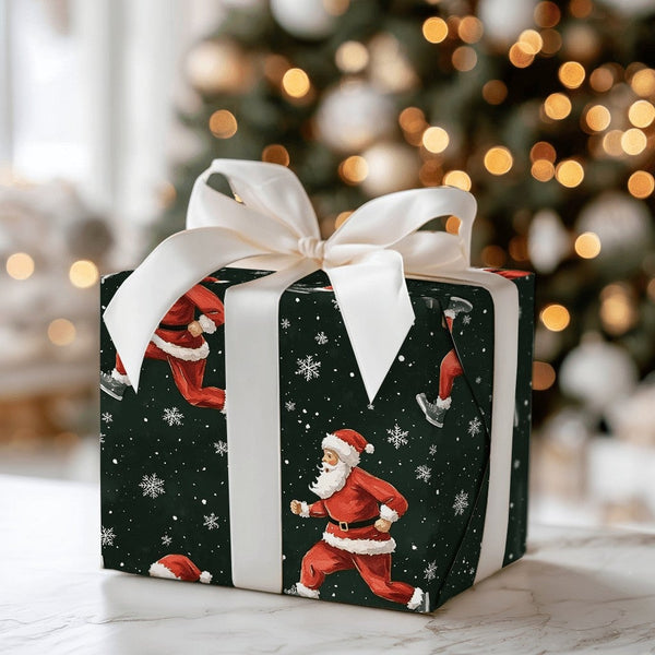 Jogging Santa Claus Gift Wrap, Running Santa Christmas Wrapping Paper, Green Snowflake Wrapping Paper, Fitness Lover Holiday 