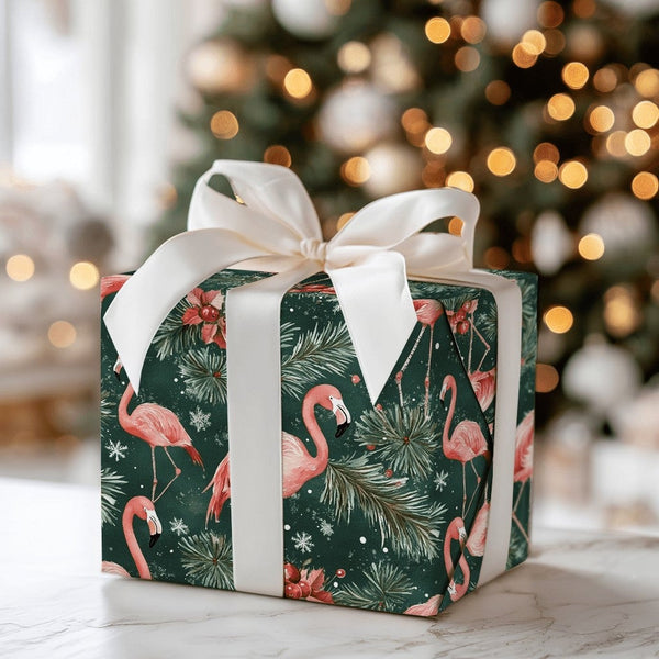 Tropical Poinsettia Gift Wrap, Pink Flamingo Christmas Wrapping Paper, Green Flamingo Wrapping Paper, Holiday Gift Wrap, Xmas