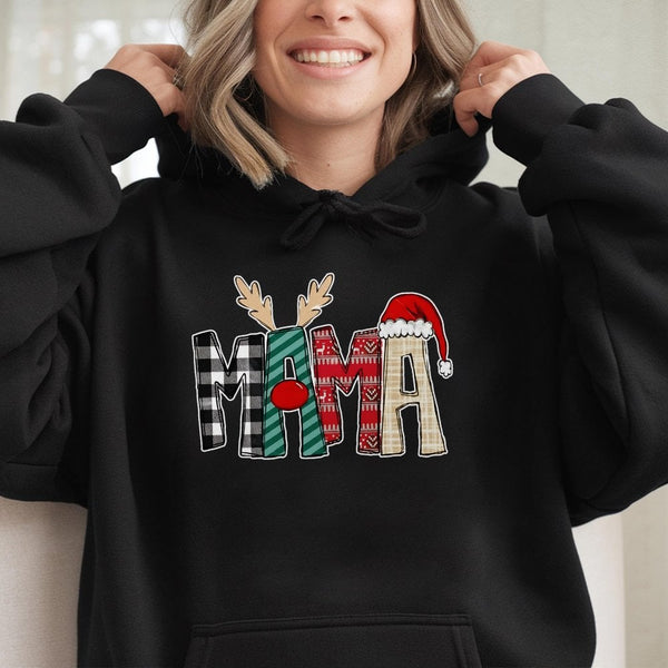 Plaid Reindeer Antler Hoodie, Mama Christmas Hoodie, Festive Mama Holiday Hoodie, Comfy Reindeer Hooded Sweatshirt, Xmas Pres