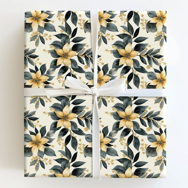 Floral Christmas Gift Wrap, Golden Poinsettia Wrapping Paper, Moody Botanical Present Wrap, Winter Wedding Wrap Paper, Holida