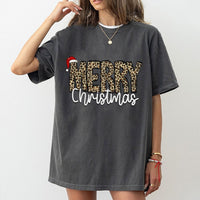 Leopard Print Graphic Holiday Tee, Merry Christmas T-Shirt, Buffalo Plaid Christmas Shirt, Adorable Festive Xmas Graphic Tee for Women