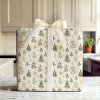 Green and Gold Pine Gift Wrap, Watercolor Christmas Tree Wrapping Paper, Elegant Holiday Present Wrap, Rustic Winter Forest Present Paper