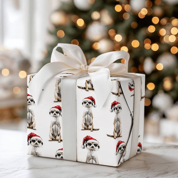 Adorable Santa Hat Gift Wrap, Meerkat Christmas Wrapping Paper, Festive Animal Wrapping Paper, Holiday Meerkat Gift Wrap Roll