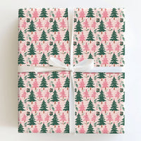 Whimsical Holiday Gift Wrap, Pink and Green Christmas Tree Wrapping Paper, Adorable Winter Present Paper, Xmas Tree Wrapping Paper, Gift Wrap