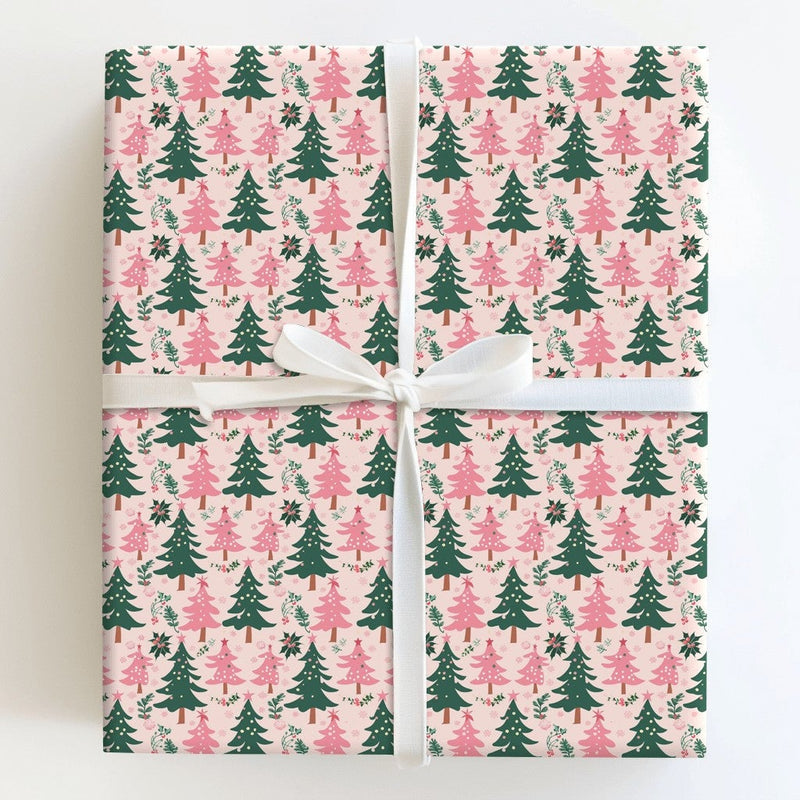 Whimsical Holiday Gift Wrap, Pink and Green Christmas Tree Wrapping Paper, Adorable Winter Present Paper, Xmas Tree Wrapping Paper, Gift Wrap