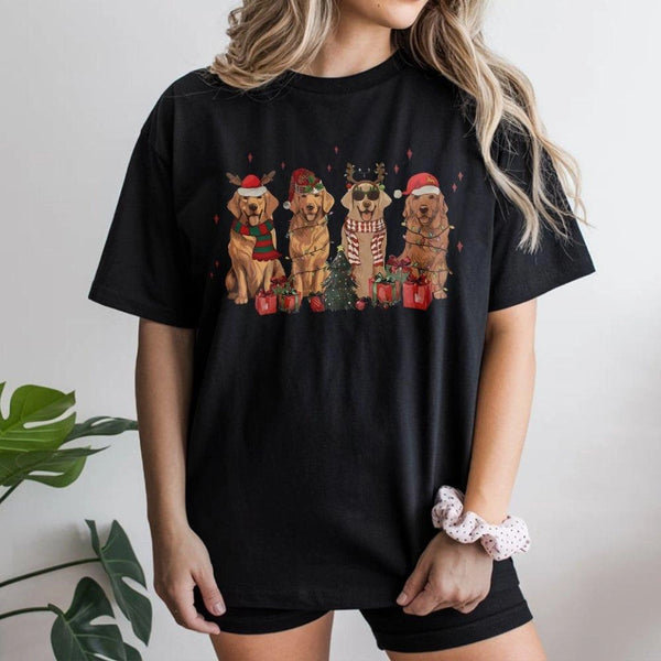 Adorable Dogs in Santa Hats Graphic Tee, Golden Retriever Christmas T-Shirt, Festive Dog Lover Holiday Shirt, Pet Mom Winter 