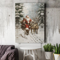 Snowy Forest Santa Canvas Print, Vintage Santa Claus Canvas Art, Rustic Reindeer Wall Art, Christmas Holiday Canvas Decor, Winter Wall Print