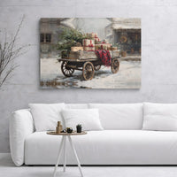 Snowy Christmas Canvas Print, Vintage Christmas Wagon Wall Art, Rustic Winter Digital Download, Farmhouse Holiday Decor, Xmas Tree Art