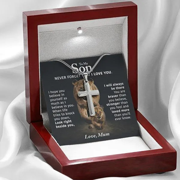Polished Stainless Steel Cross Necklace, Lion Cross Necklace for Son, Inspirational Religious Cross Necklace, Birthday Christ