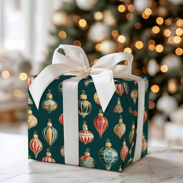 Retro Christmas Ornament Gift Wrap, Vintage Ornament Wrapping Paper, Classic Dark Green Wrapping Paper, Holiday Present Gift 