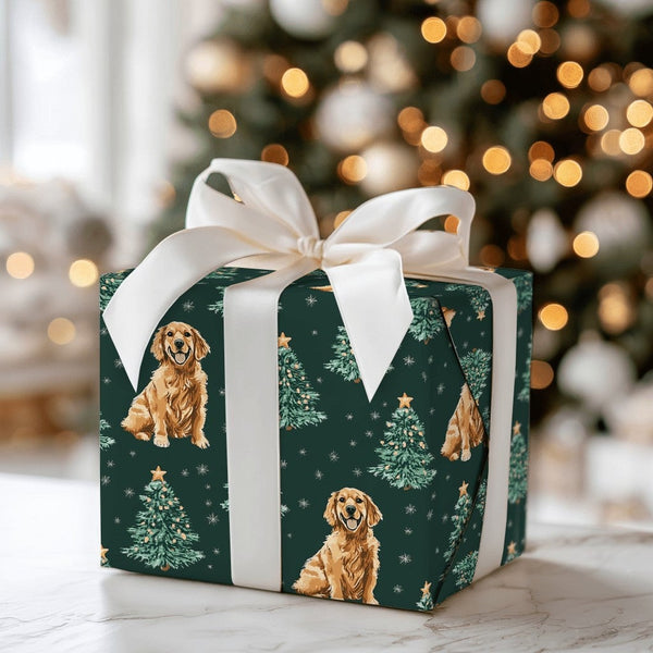 Green Holiday Dog Gift Wrap, Golden Retriever Christmas Wrapping Paper, Winter Retriever Wrapping Paper, Christmas Tree Dog P