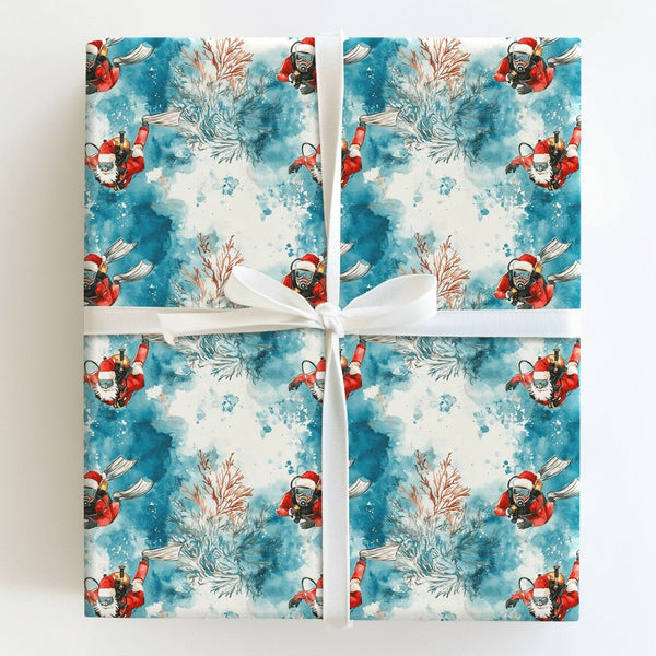 Ocean Coral Holiday Gift Wrap, Watercolor Scuba Santa Wrapping Paper, Scuba Diver Christmas Wrapping Paper, Underwater Gift W