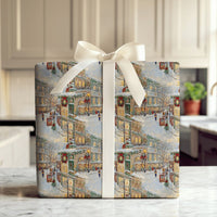 Snowy Street Scene Gift Wrap, Nostalgic Christmas Village Wrapping Paper, Vintage Holiday Village Wrapping Paper, Winter Town Wrapping Paper