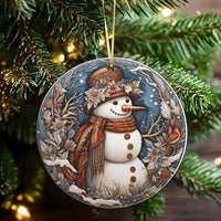 Winter Floral Bird Snowman Ornament, Folk Art Snowman Christmas Ornament, Comfy Ceramic Tree Ornament, Holiday Keepsake Present for Friends