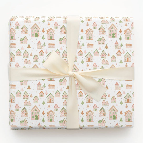 Whimsical Christmas Village Wrapping Paper, Pastel Gingerbread House Gift Wrap, Holiday Winter Present Paper, Xmas Gift Wrapp