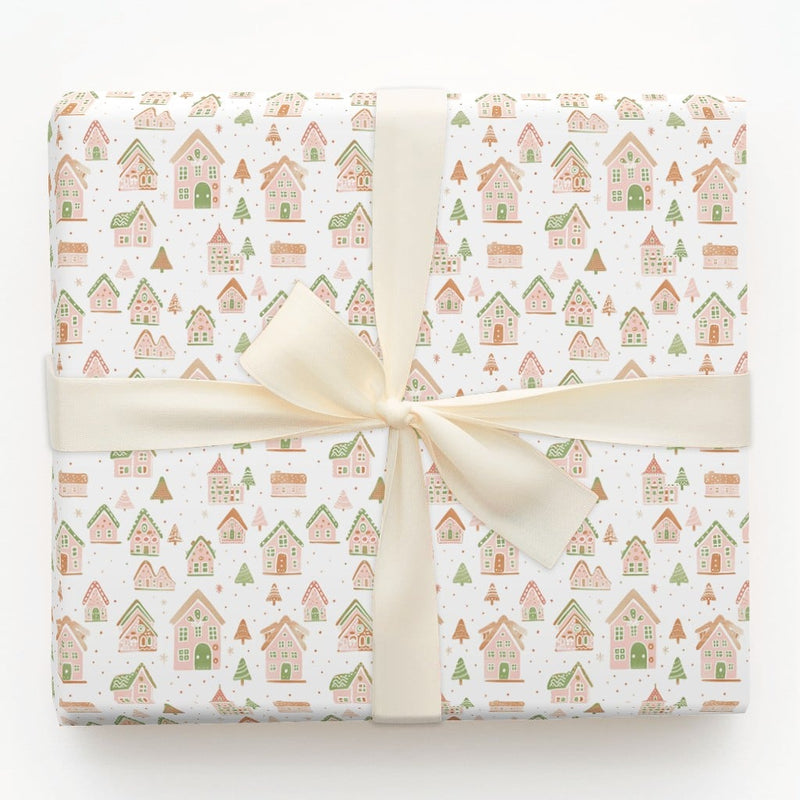 Whimsical Christmas Village Wrapping Paper, Pastel Gingerbread House Gift Wrap, Holiday Winter Present Paper, Xmas Gift Wrapping Paper Roll