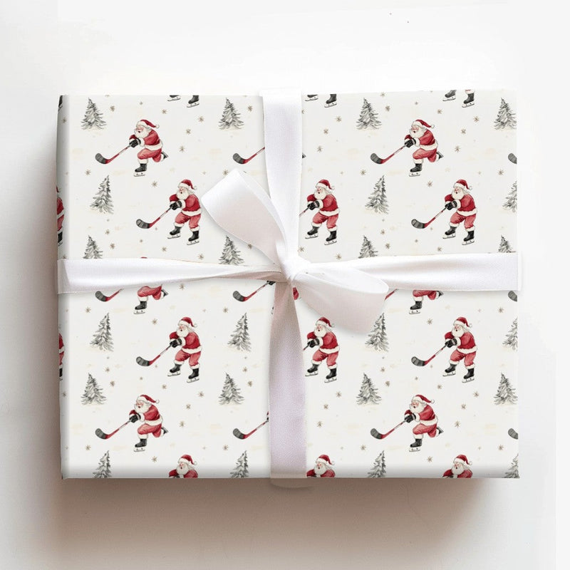 Ice Hockey Christmas Gift Wrap, Hockey Santa Wrapping Paper, Watercolor Sports Present Paper, Hockey Fan Holiday Gift Wrapping Paper Roll