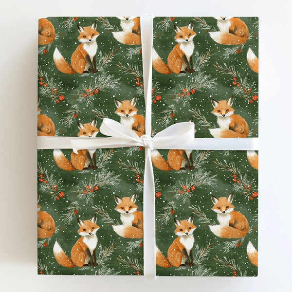 Snowy Pine Holiday Gift Wrap, Woodland Fox Christmas Wrapping Paper, Red Fox Winter Wrapping Paper, Rustic Forest Gift Wrap, 