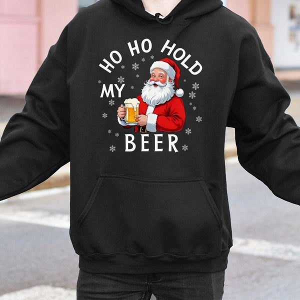 Humorous Christmas Drinking Sweatshirt, Ho Ho Hold My Beer Santa Hoodie, Santa Claus Beer Hooded Sweater, Retro Xmas Hoodie, 